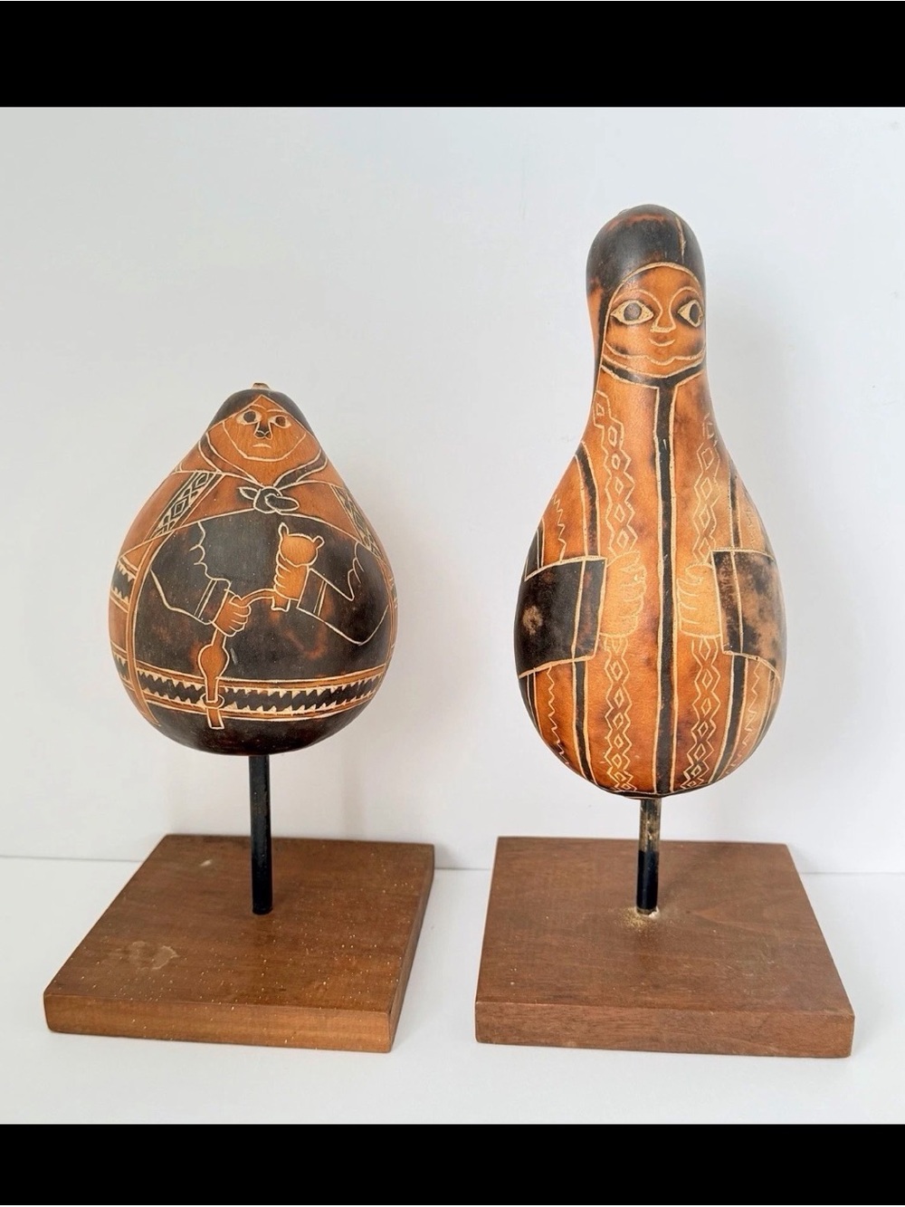Set Of 2 Vintage Hand Carved Gourd Folk Art Rattles
